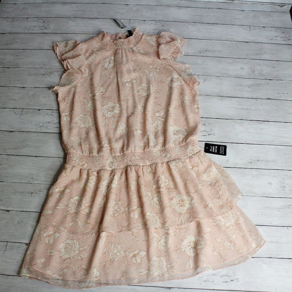 Express Women's Drop Waist Sheer Dress Size L Flutter Sleeve Pink Cream